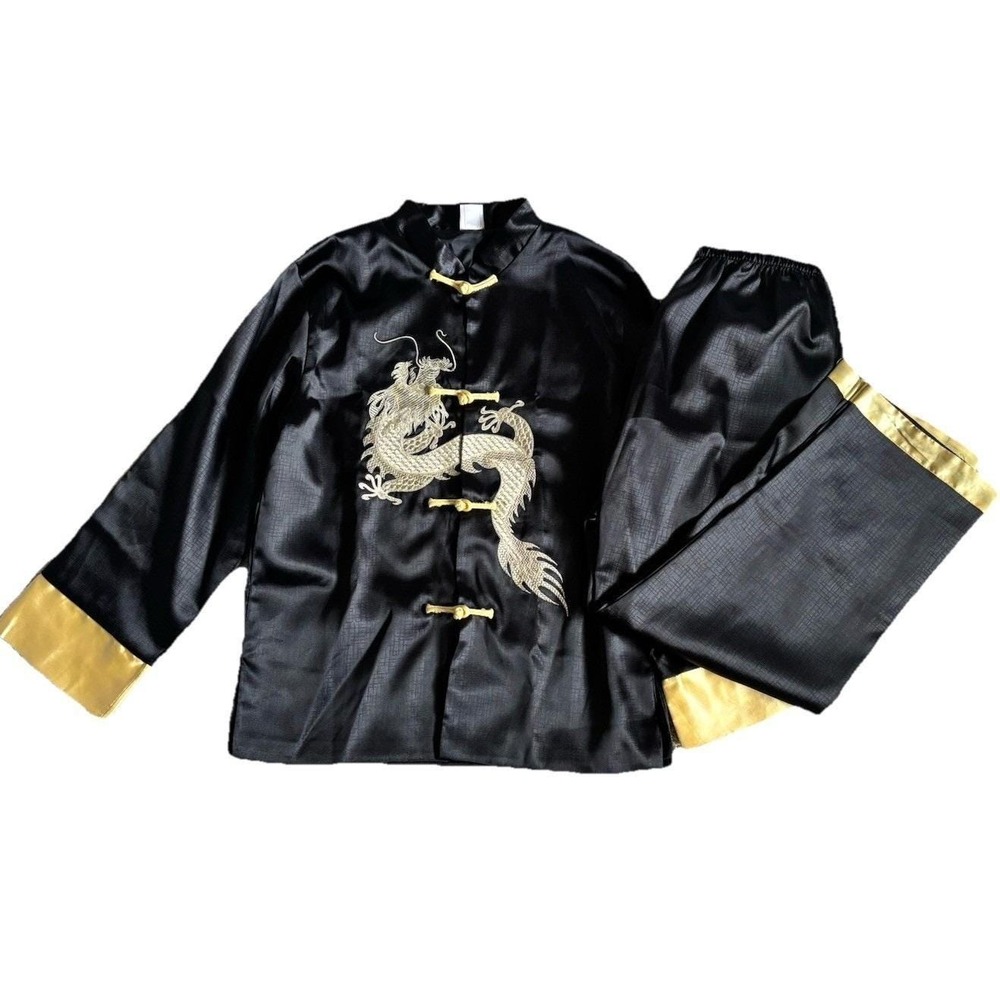 Chinese Kung Fu Costume Set Boys Medium 8-10 Black Gold Dragon Satin Hong Kong